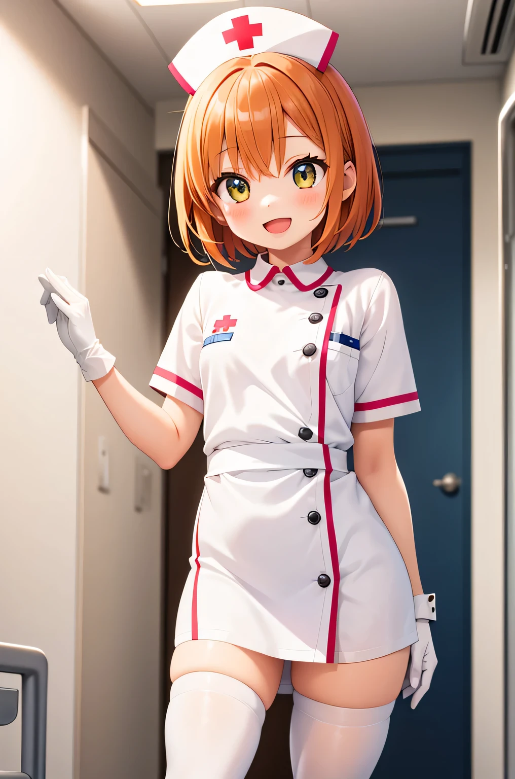 1 girl, alone, nurse, nurse cap, Whiteware, ((white legwear, zettai ryouiki)), white gloves, very short hair, orange hair, smile, open your mouth, Are standing, ((hospital room)), sharp outline, short sleeve, Tomboy, boyish, highest quality, masterpiece