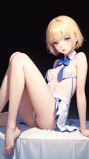 European junior high school girl, beautiful girl, blonde, silky white skin, short hair, small breasts, slim, beautiful legs, delicate and beautiful skin, uniform, transparent, smiling and sensual expression, mouth wide open