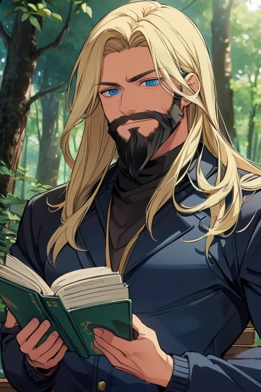 A muscular blonde man with blue eyes with long hair and a dark beard is reading a map in the forest