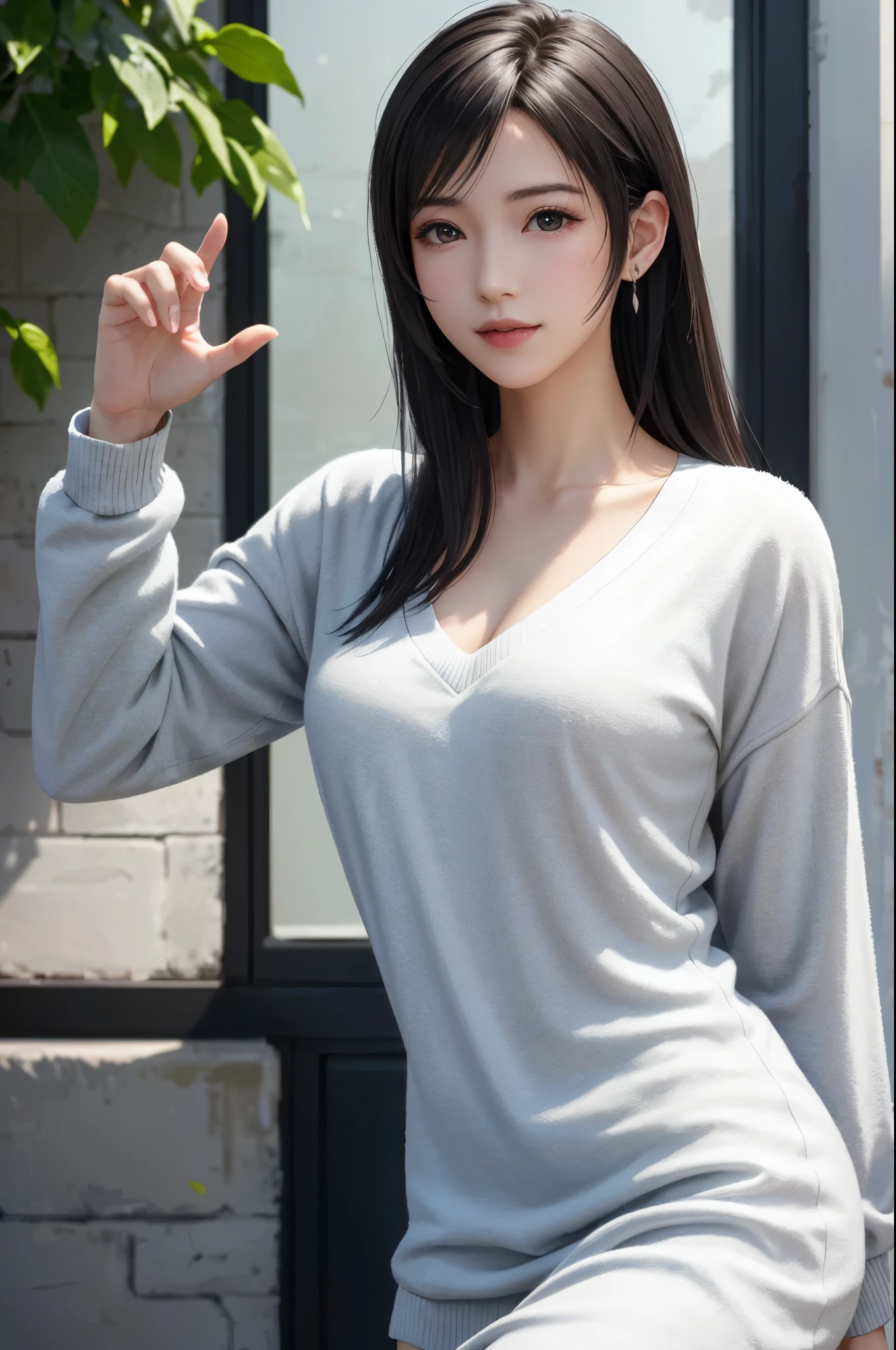 (Top Quality, Masterpiece: 1.1), (Realistic: 1.3), Wallpapers,ultra high res,ultra high quality,  BREAK (((FF7,Tifa_lockhart))),Ultra-detailed face, Detailed eyes,(black Brown Hair, Large breasts: 1.2),(Imaginative Macanese Female Page,background is Unique The Tablets of Stone,at Sunrise), side view:1.2, BREAK (wearing oversized loose sweater, Exquisite cloth, white Clothes,bare back:1.3,virgin killer sweater:1.3),clothed,(No Bra) ,(Small and beautiful hard ),(shiny oiled skin: 1.1), about 18 years old, BREAK  smile,kawaii,(sexy pose:1.2),cowboy shot 