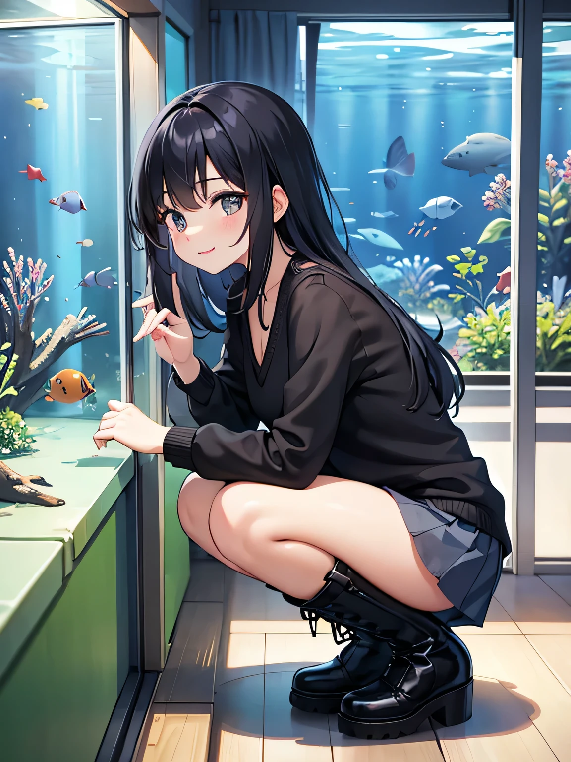 (1) A woman is squatting down and looking at the aquarium.
(2) that woman has long black hair.
(3) Women are wearing mohair V-neck knits, Mini skirt and long boots.
(4) The woman's expression is a smile.
(5) The place is an aquarium.