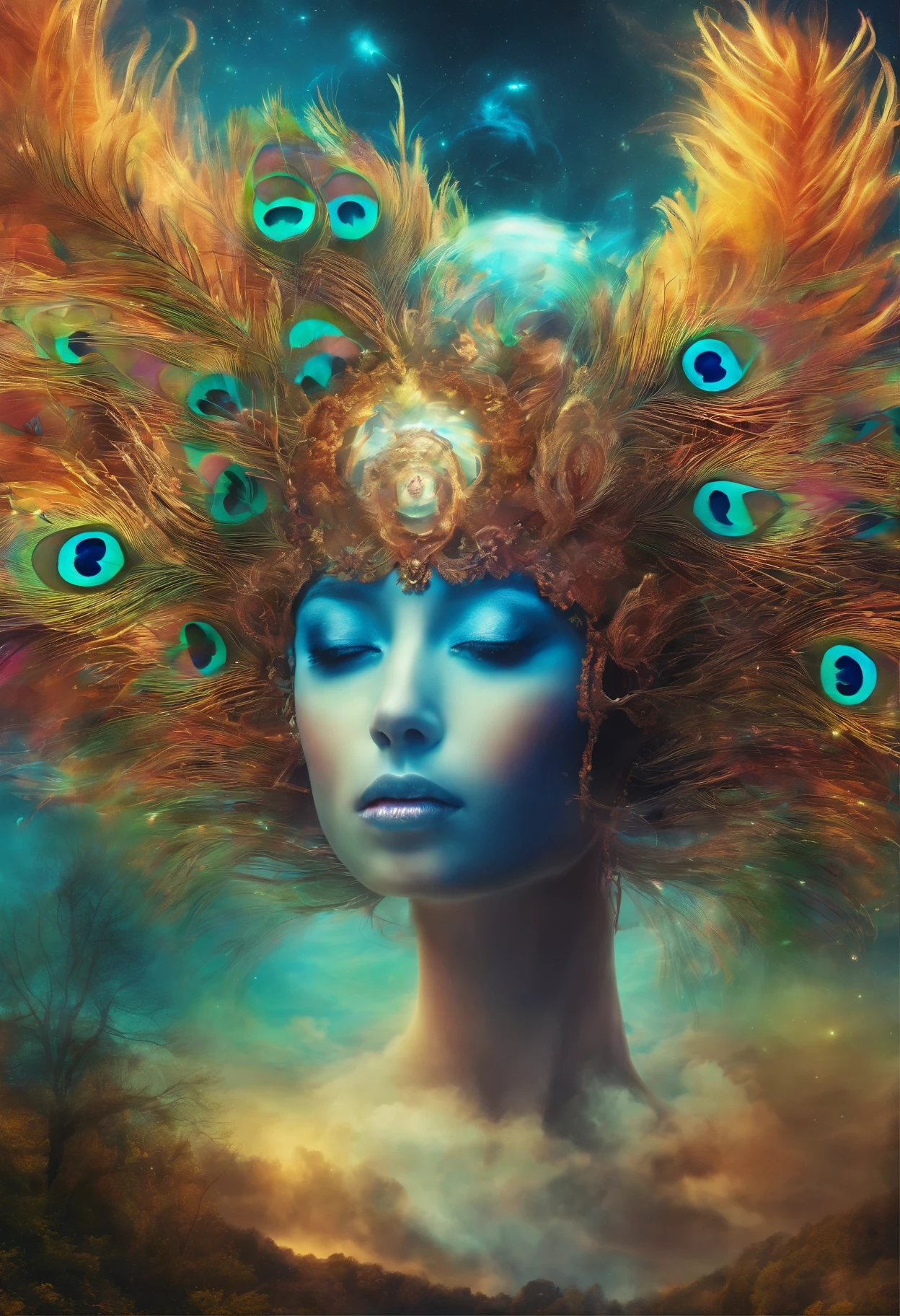 (Need)), ((tmasterpiece)), (A detailed), Close-up portrait of a transparent boy composed of peacock feathers,Sky rainbow background,Detailed rainbow,blue-sky,forest scenery, cows and calves(Doubleexposure:1.3),photography of:Brandon Woelfelmist,Surreal dreams,Surrealist art fantasy style,Epic digital fantasy art style