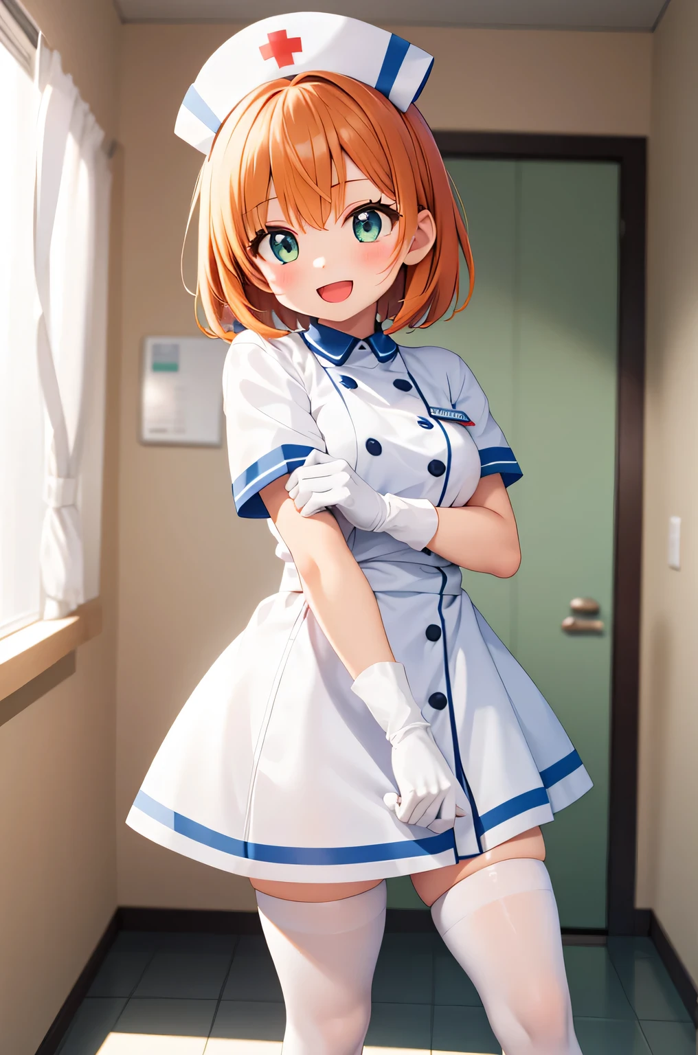 1 girl, alone, nurse, nurse cap, Whiteware, ((white legwear, zettai ryouiki)), white gloves, very short hair, orange hair, smile, open your mouth, Are standing, ((hospital room)), sharp outline, short sleeve, Tomboy, boyish, highest quality, masterpiece