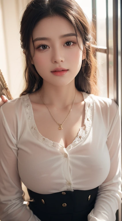 masterpiece, best quality, ultra high resolution (authenticity: 1.4), original photo, 35mm lens, Aperture F1.4, poster, light and shadow, a beautiful girl, white cardigan, long black hair, (Real skin 1.5）, (Skin details: 1.3)，best quality, 8k, masterpiece:1.3)), (Medium ?????：1.2），Wear a pendant，White button-down shirt，belt，（Modern architectural background），The details of the face and skin texture are beautifully rendered，delicate eyes，double eyelids，Natural eyes，Smile