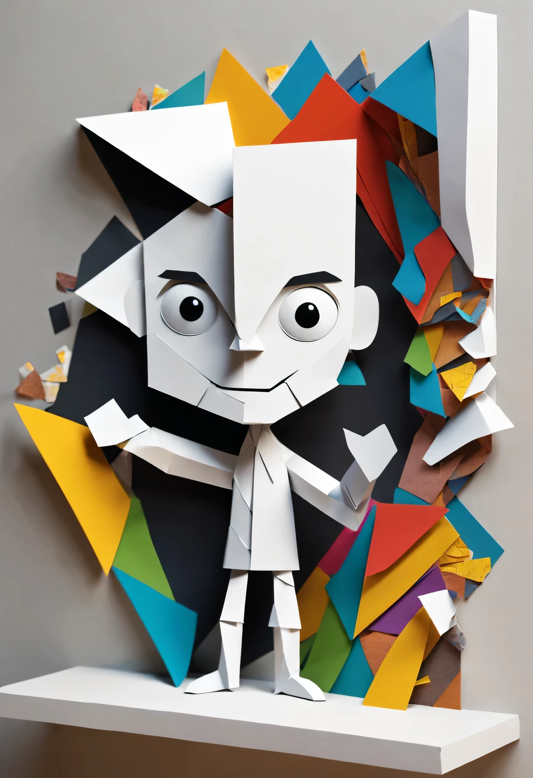 Black and white confetti cartoon character, Half body protrudes from wall,intruder through wall, become half a piece of paper. The intruder is a colorful cartoon confetti man, with fantasy, Science fiction, low polygon, cubismo, paper cutting, Created by Charles Eames and Ray Eames