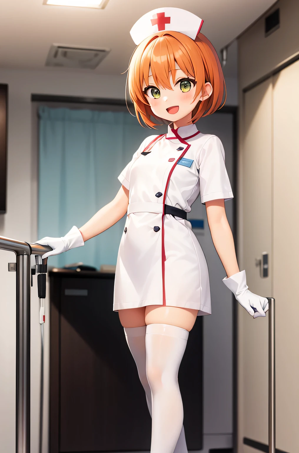 1 girl, alone, nurse, nurse cap, Whiteware, ((white legwear, zettai ryouiki)), white gloves, very short hair, orange hair, smile, open your mouth, Are standing, ((hospital room)), sharp outline, short sleeve, Tomboy, boyish, highest quality, masterpiece