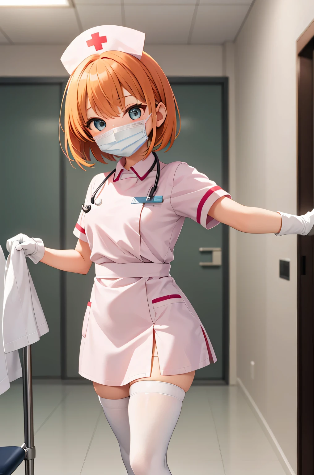 1 girl, alone, nurse, nurse cap, Whiteware, ((white legwear, zettai ryouiki)), white gloves, very short hair, orange hair, ((White surgical mask, Covered nose)), Are standing, ((hospital room)), sharp outline, short sleeve, Tomboy, boyish, highest quality, masterpiece