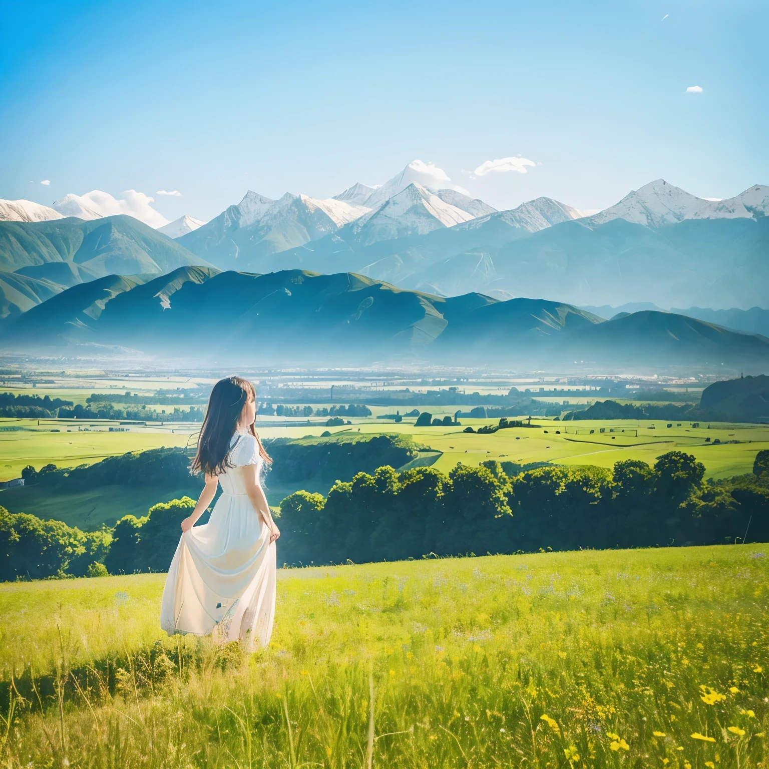 girl standing on the meadow、girl in a white dress、sky high and blue、sunny、I can see mountains in the distance、far away、stare into the distance、Standing in the distance、wide grassland