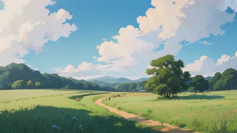 background art、beautiful scenery、god々々Shikai、Natural objects、Studio Ghibli style、You can feel the feel of the brush、Countryside view、Sky and clouds、Color a little darker