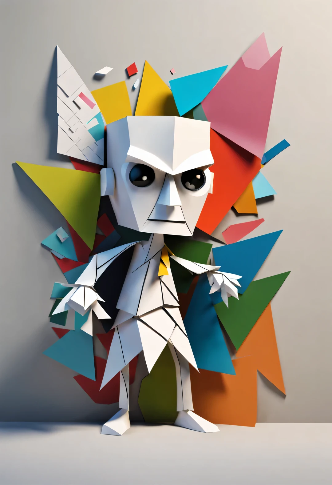 Black and white confetti cartoon character, Half body protrudes from wall,intruder through wall, become half a piece of paper. The intruder is a colorful cartoon confetti man, with fantasy, Science fiction, low polygon, cubismo, paper cutting, Created by Charles Eames and Ray Eames,optical illusion style, Beautiful detailed