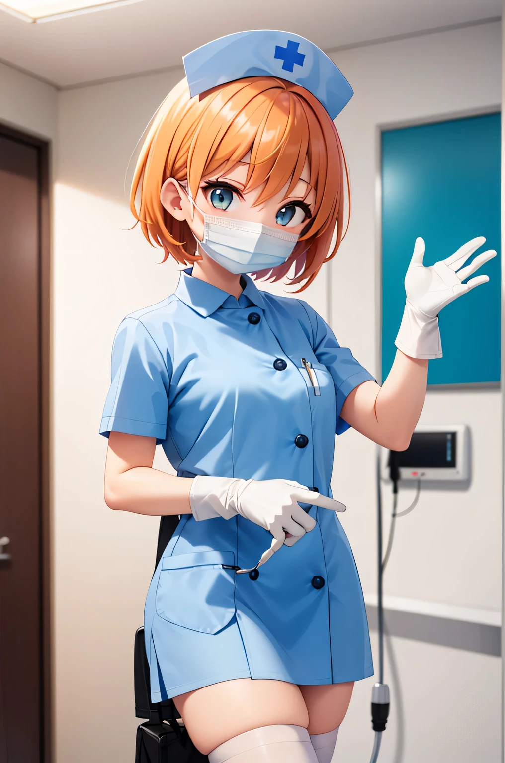 1 girl, alone, nurse, nurse cap, Whiteware, ((white legwear, zettai ryouiki)), white gloves, very short hair, orange hair, ((White surgical mask, Covered nose)), Are standing, ((hospital room)), sharp outline, short sleeve, Tomboy, boyish, highest quality, masterpiece