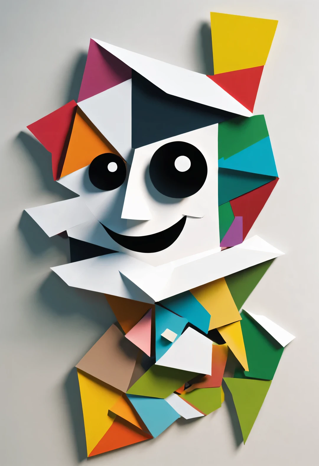 Black and white confetti cartoon character, Half body protrudes from wall，intruder through wall, become half a piece of paper. The intruder is a colorful cartoon confetti man, with fantasy, Science fiction, low polygon, cubismo, paper cutting, Created by Charles Eames and Ray Eames，optical illusion style,  Beautiful detailed