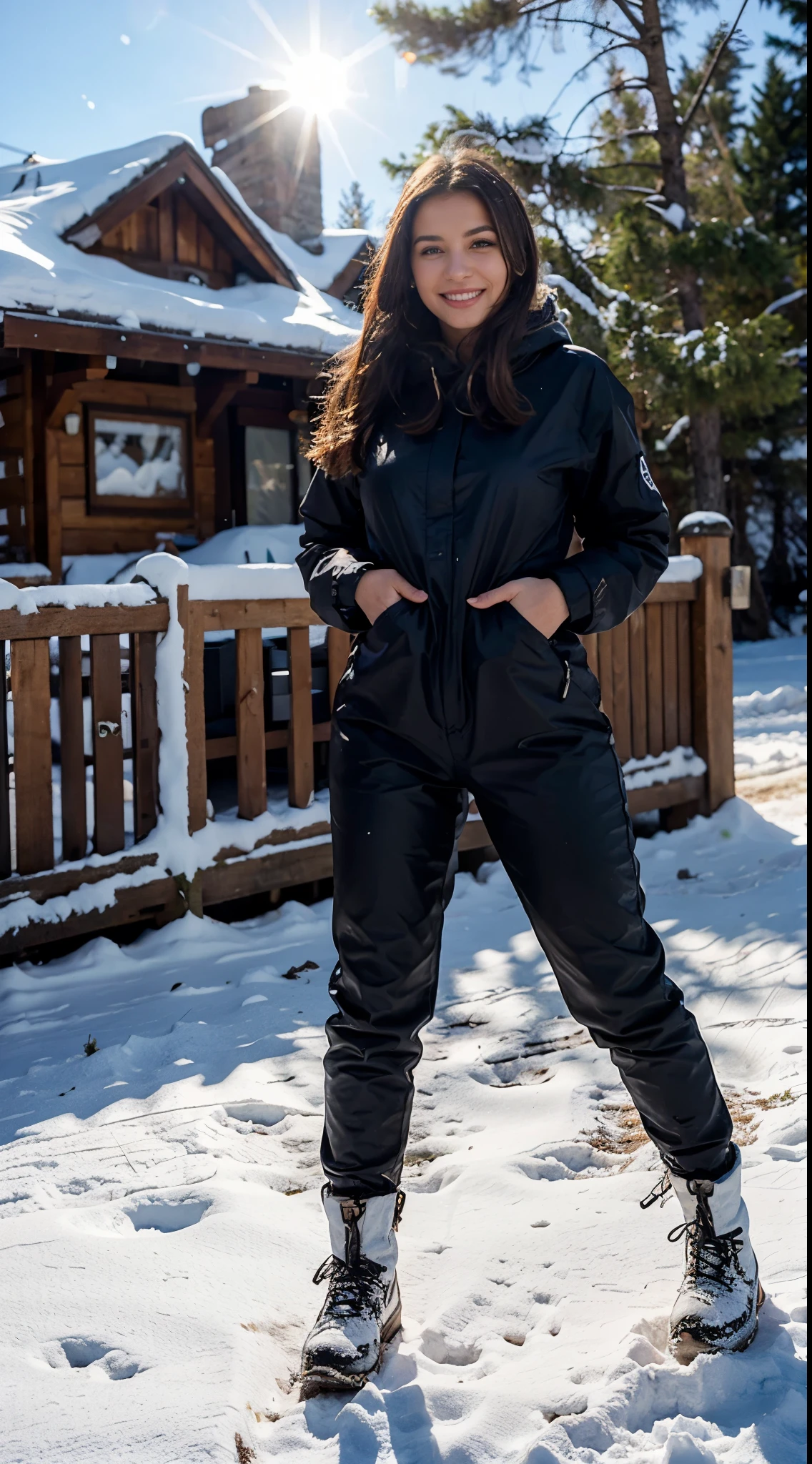 sofia is in the snow, wearing a jumpsuit, big boots, warm outfit, size E ???????, sun is shining, clear sky, sofia has makeup, location in the mountain, in a large area with snow, photo, real tree, real photo, full body photo, she is looking happy, big smile, camera high lense, 8k, photo, shadow's. 
