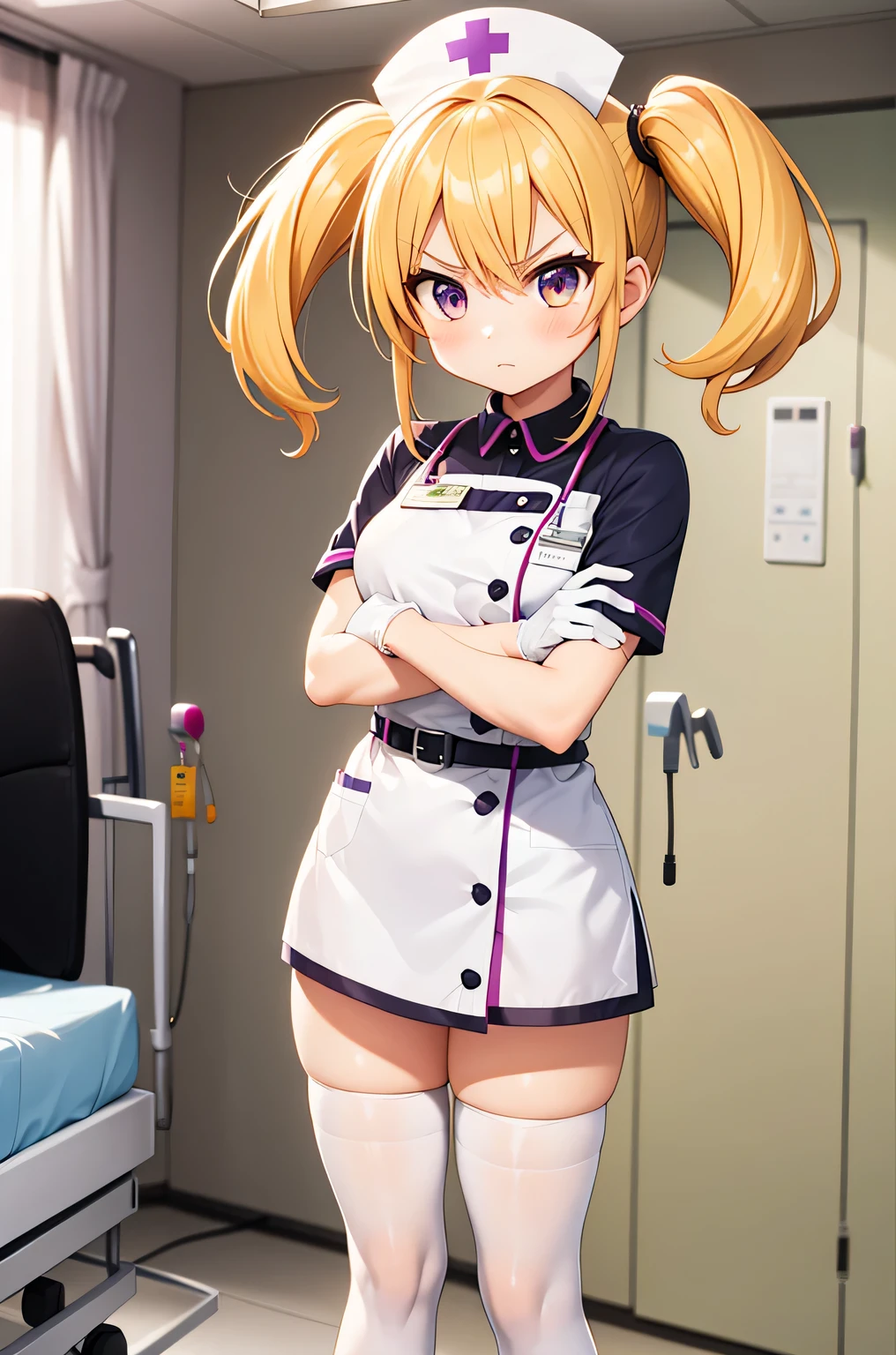 1 girl, alone, nurse, nurse cap, Whiteware, ((white legwear, zettai ryouiki)), white gloves, twin tails, yellow hair, purple eyes, anger, crossed arms, Are standing, ((hospital room)), sharp outline, short sleeve, highest quality, masterpiece