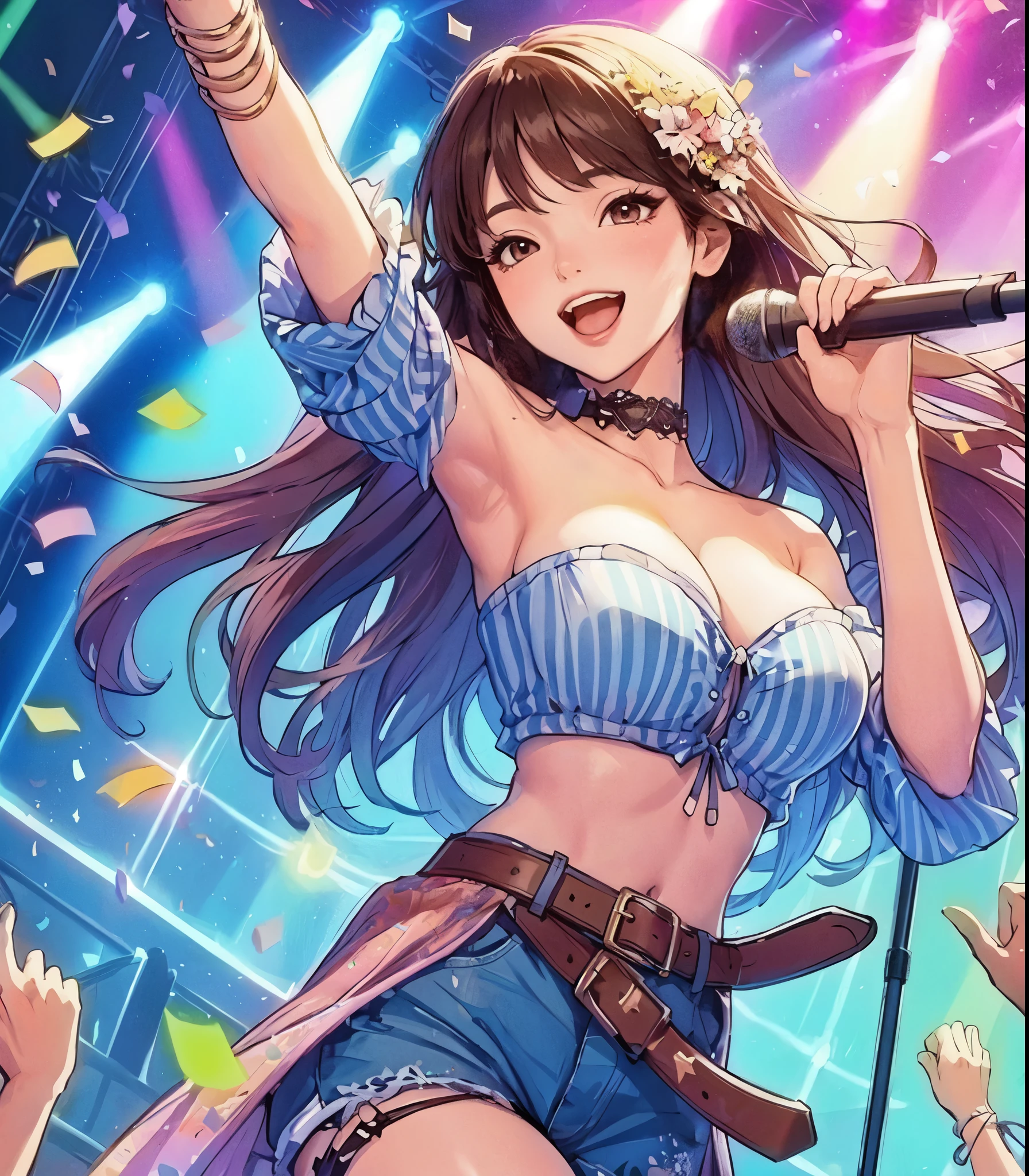 1lady solo, K-POP artist, (singing:1.2) (dynamic posing:1.2), (stylish outfit), mature female, /(brown hair/) bangs, light smile, (masterpiece best quality:1.2) delicate illustration ultra-detailed, large breasts BREAK (holding a microphone) BREAK (colorful confetti:1.2) dancing down BREAK (music stage) indoors, colorful confetti, spotlight, audience, detailed background