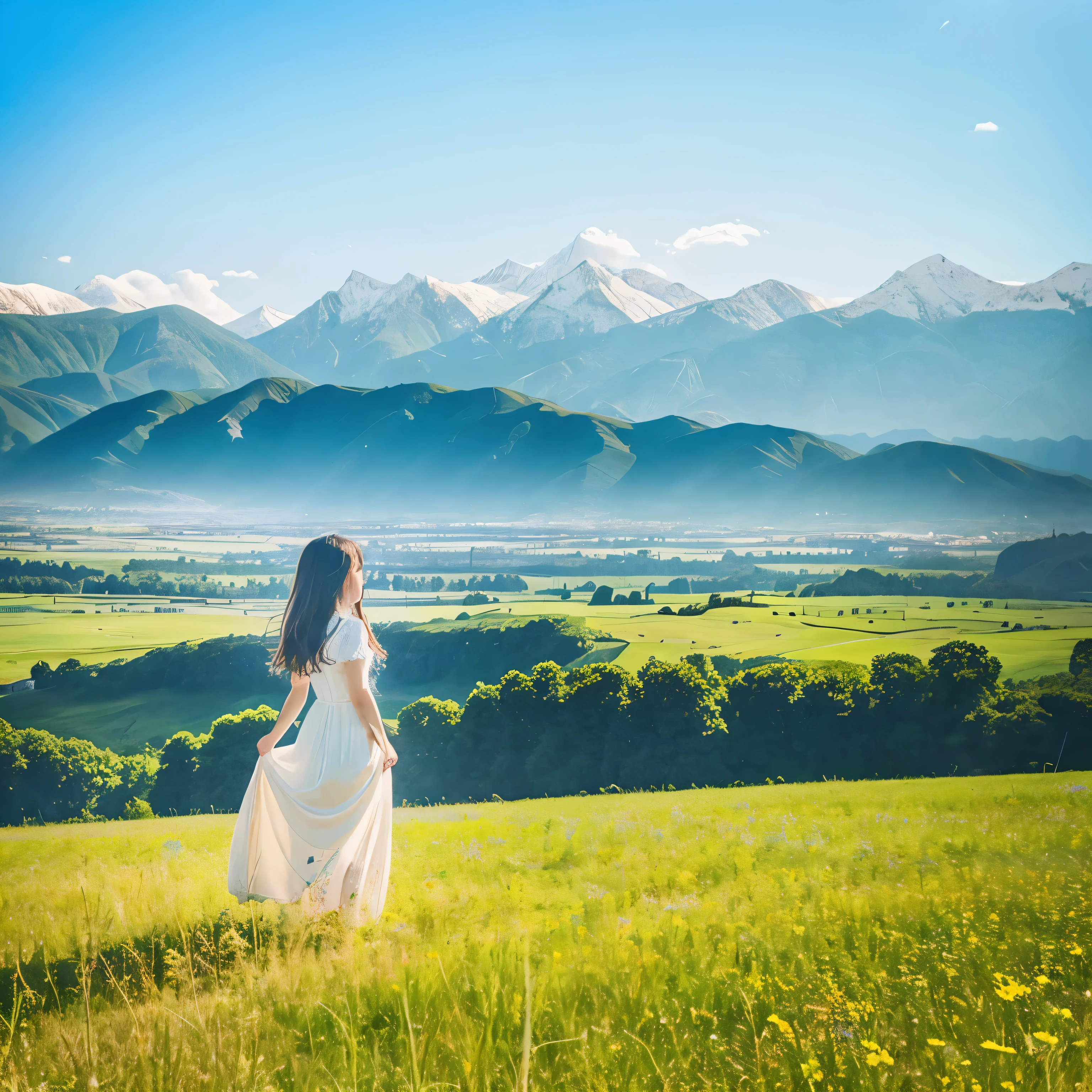 Girl Standing On The Meadow、Girl in a white dress、sky high and blue、Sunny、I can see mountains in the distance、far away、stare into the distance、Standing in the Distance、wide grassland