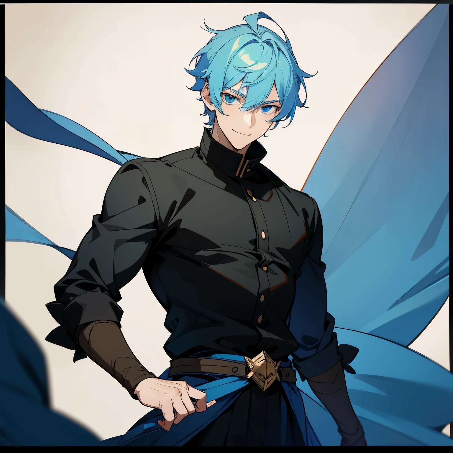 1 boy, 28 year old boy, adult, man, light blue hair, blue eyes, black Cloth, smiling, short hair, grown man, big male, masculine, handsome male guy, old boy