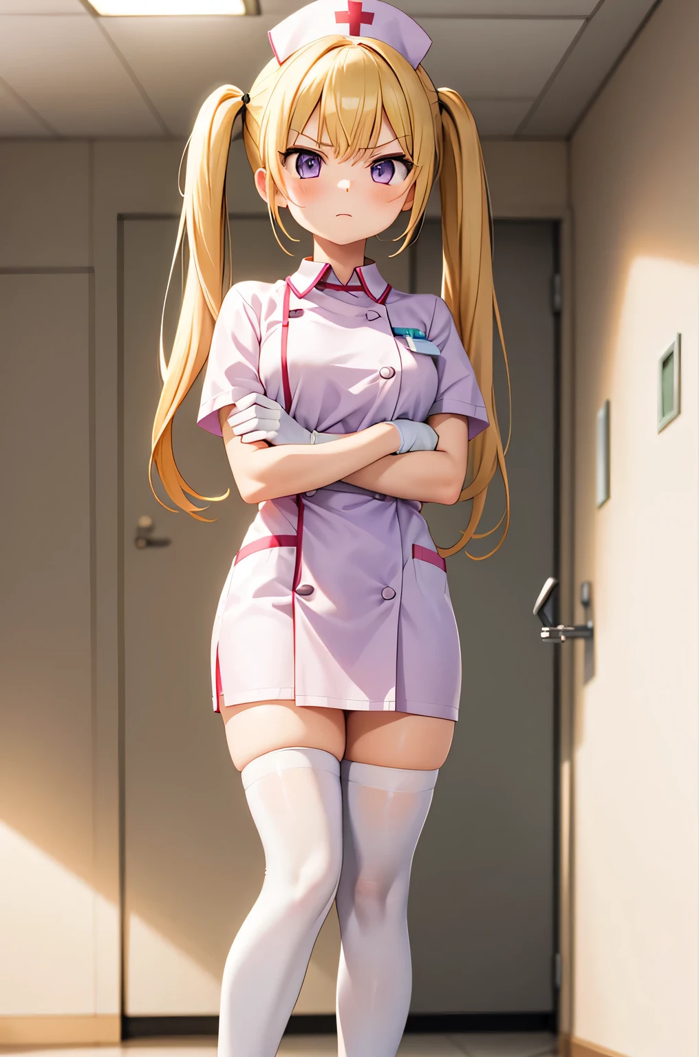 1 girl, alone, nurse, nurse cap, Whiteware, ((white legwear, zettai ryouiki)), white gloves, twin tails, yellow hair, purple eyes, anger, crossed arms, Are standing, ((hospital room)), sharp outline, short sleeve, highest quality, masterpiece