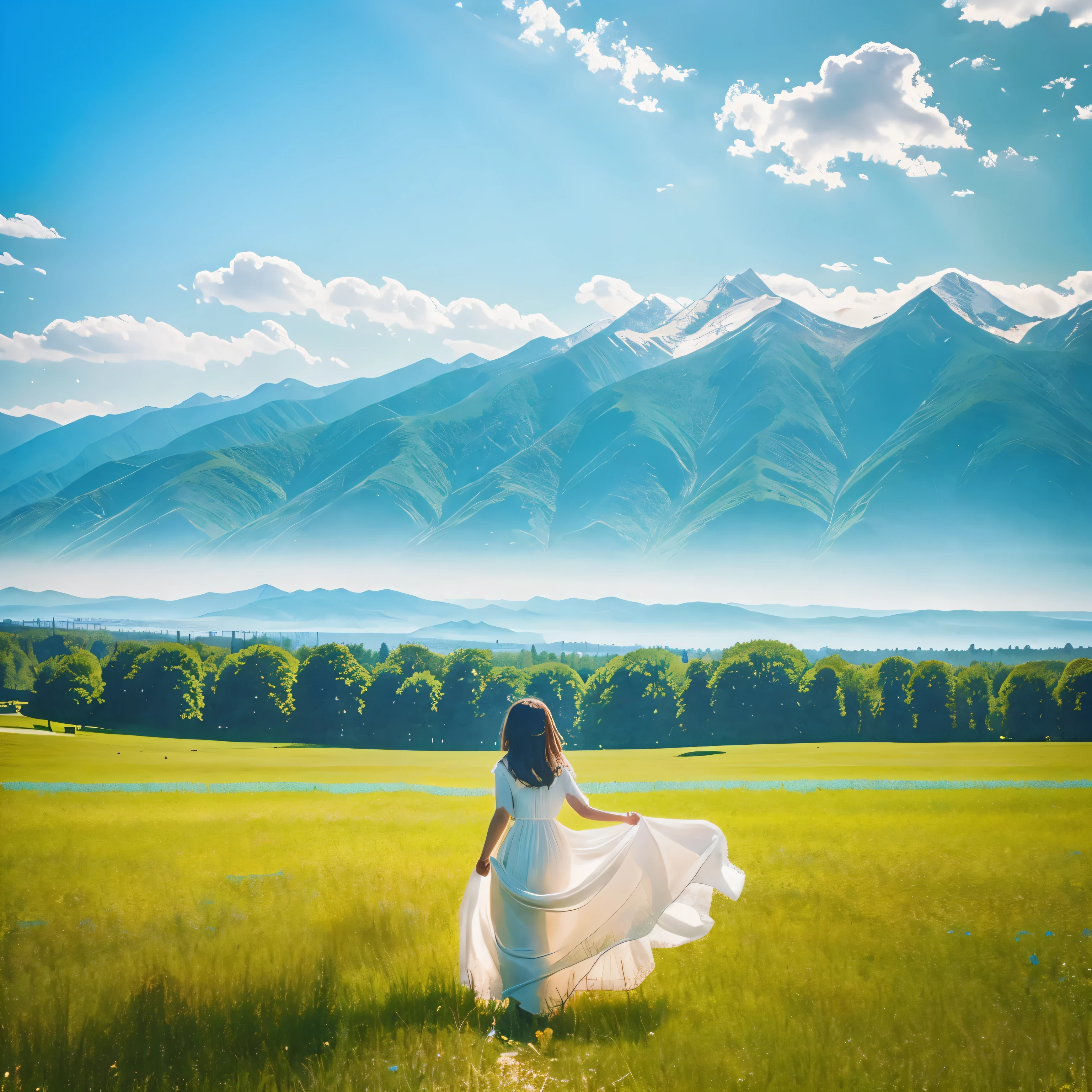 Girl Standing On The Meadow、Girl in a white dress、sky high and blue、Sunny、I can see mountains in the distance、far away、stare into the distance、Standing in the Distance、wide grassland