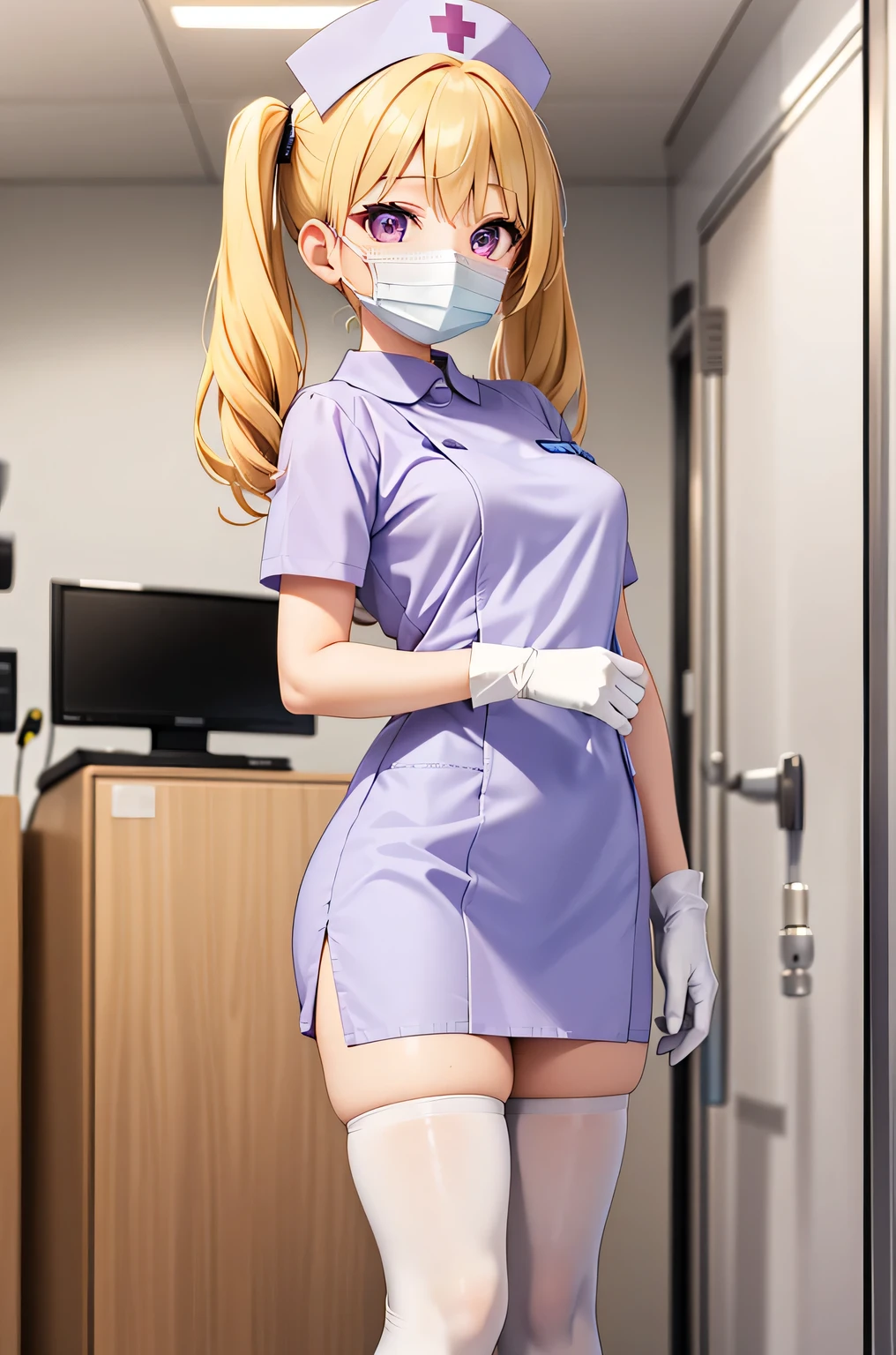 1 girl, alone, nurse, nurse cap, Whiteware, ((white legwear, zettai ryouiki)), white gloves, twin tails, yellow hair, purple eyes, ((White surgical mask, Covered nose)), Are standing, ((hospital room)), sharp outline, short sleeve, highest quality, masterpiece