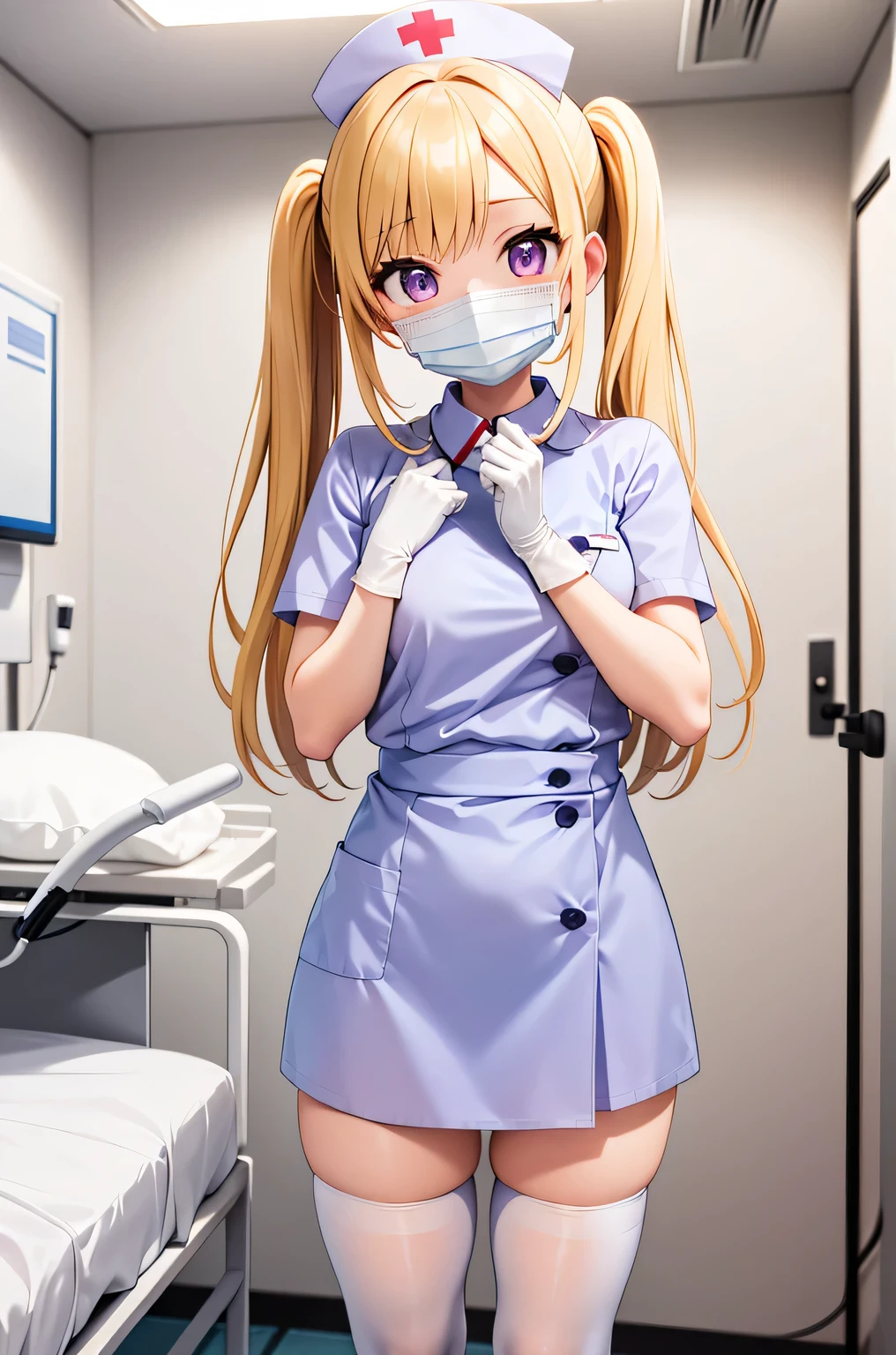 1 girl, alone, nurse, nurse cap, Whiteware, ((white legwear, zettai ryouiki)), white gloves, twin tails, yellow hair, purple eyes, ((White surgical mask, Covered nose)), Are standing, ((hospital room)), sharp outline, short sleeve, highest quality, masterpiece