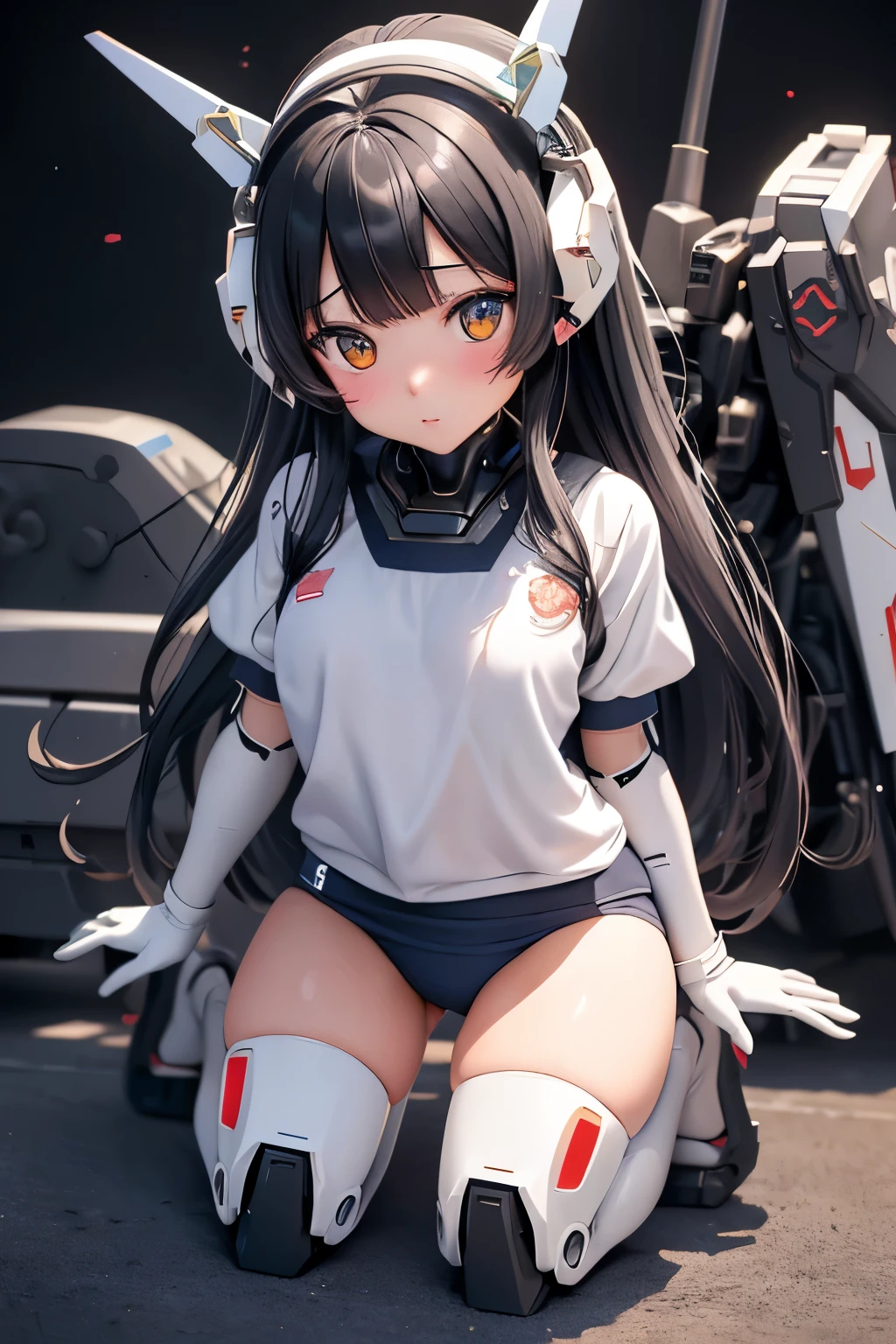 (highest quality)), ((masterpiece)), (very detailed: 1.3), 3D, {(ung girl)}, (wear navy buruma and white gym uniform with colored hem under armor:1.3), (black hair:1.5), (She is fused with futuristic Gundmecha:1.4), with headgear, with v-fin , armored shoulders,armored under arms, armored under legs, short sleeve, attached 2 huge weapons on back, legs mounted weapon module, camel toe, multilayer textureperfect proportions, octane rendering, duotone lighting, Low ISO, wide aperture, White balance, Rule of thirds, ultra HD16k, HDR (High Dynamic Range), Ray Tracing, NVIDIA RTX, Super Resolution, Subsurface Scattering, PBR Texturing, Post Processing, Anisotropic Filtering, Depth of Field, Maximum Clarity and Clarity, High efficiency subpixel, subpixel convolution, particles of light, light scattered, Tyndall effect, full body:1.5, (crawl on all fours:1,2), doggy style, , cute, (cute:1.2), (long hair:1.3),太い眉毛, 薄い色の虹彩, 大きくて輝いている黒い瞳, 長いまつげ, 小さく薄い色の自然な唇, (Average face of Japanese idols), (日本人特有の童顔:1.3), (baby face), 広いおでこ:1.2, ふっくらした頬, 小さな顎, in the hangar,looking at viewer,Focus on the eyes , (完璧な4本の指, 親指1本),