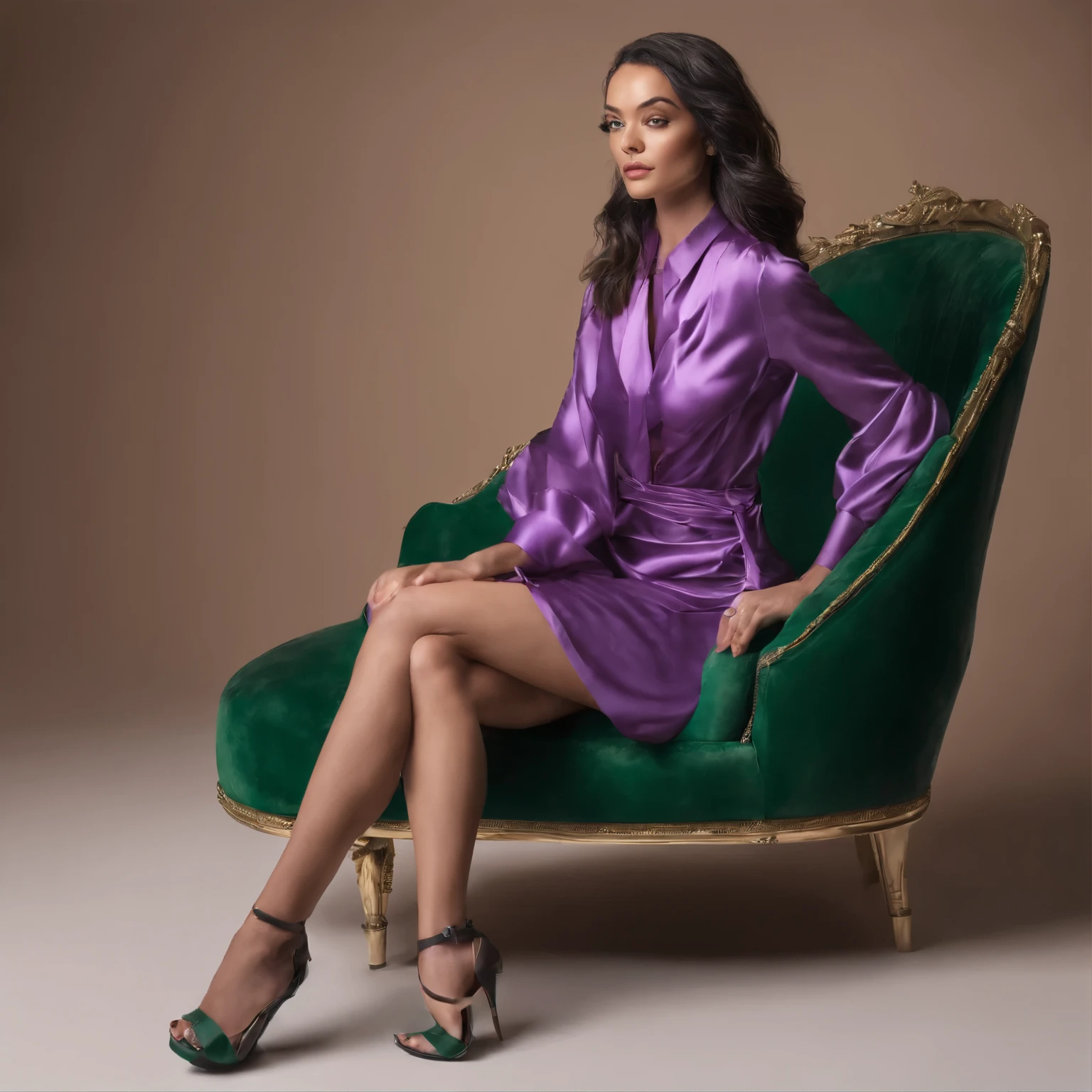 Brune handicapée, meilleure qualité, 1fille, Seulement, 23 ans, adulte, cheveux sarcelle et vert, les cheveux en désordre, cheveux asymétriques, Ahöge, cheveux très courts, yeux violets, seins moyens, tonique, 267cm, peau noire, Chemise vert sombre, robe très courte en soie violette, sur une chaise roulante.