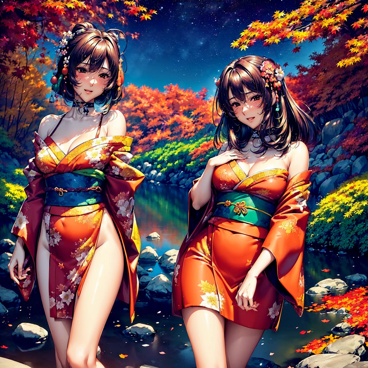 superflat, flat colors, 2girls, 19yo, slim, (medium breast), short bob dark hair, (ornate green leaves kimono), topless, nipple, standing, shy, autumn leaves, yellow, golden, autumn forest, vibrant colors, psychedelic, vibrant, bright, watercolor, (naked:1.3), (nude:1.3)