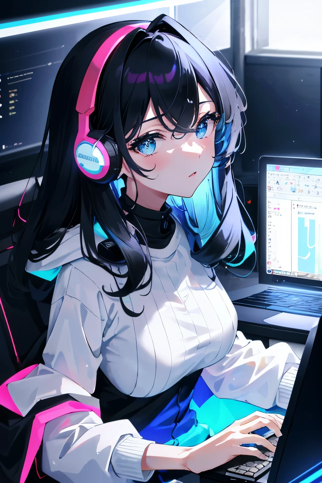 ((masterpiece,High resolution,8K quality,highest quality)),1 female,((highly detailed face)),delicate eyes,(iridescent eyes),(hairstyle:semi-long,strong wavy hair,Strong perm,black hair),Big headphones with black and neon lights,Lens flare,Light blue hoodie,Tube top,big breasts,Chest that bursts,A listless face,I find it troublesome,Room with computer,A room where the display shines in the absence of light,sit down tomorrow,look back here,blue and pink lights intersect,prefers computers,