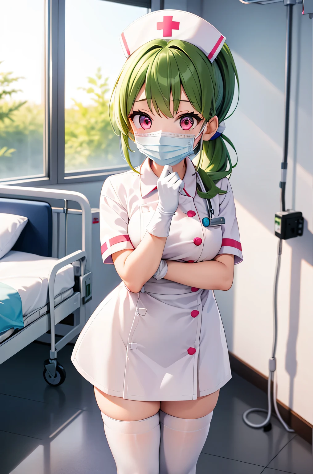 1 girl, alone, nurse, nurse cap, Whiteware, ((white legwear, zettai ryouiki)), white gloves, ponytail, green hair, pink eyes, ((White surgical mask, Covered nose)), Are standing, ((hospital room)), sharp outline, short sleeve, highest quality, masterpiece