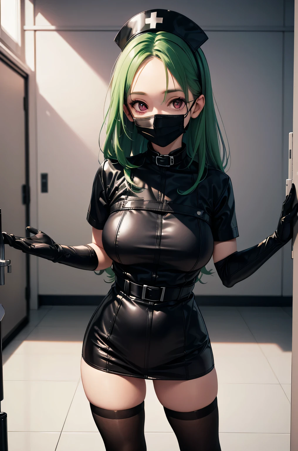 black nurse, 1 female, alone, black nurse cap, Black Wear, ((black legwear, zettai ryouiki)), black elbow gloves, amount, long hair, green hair, pink eyes, ((Black surgical mask, Covered nose)), Are standing, ((operating room)), sharp outline, short sleeve, mature woman, 35 years old, highest quality, masterpiece