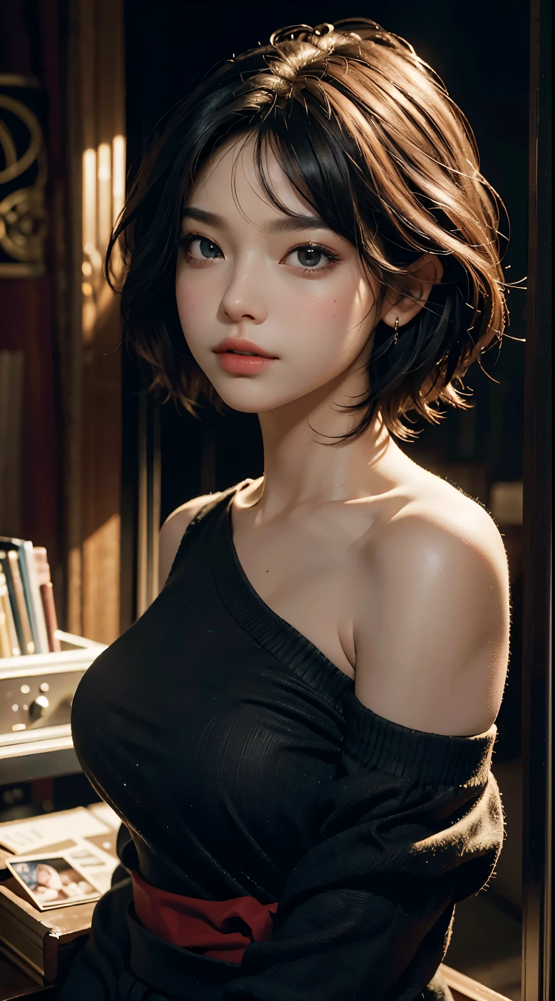 best quality, masterpiece, ultra high resolution, (lifelike:1.4), original photo, 1 girl, Off the shoulders, Cinema lighting, single, top quality, Upper body, beautiful, beautiful, shining, big breasts, short hair, masterpiece