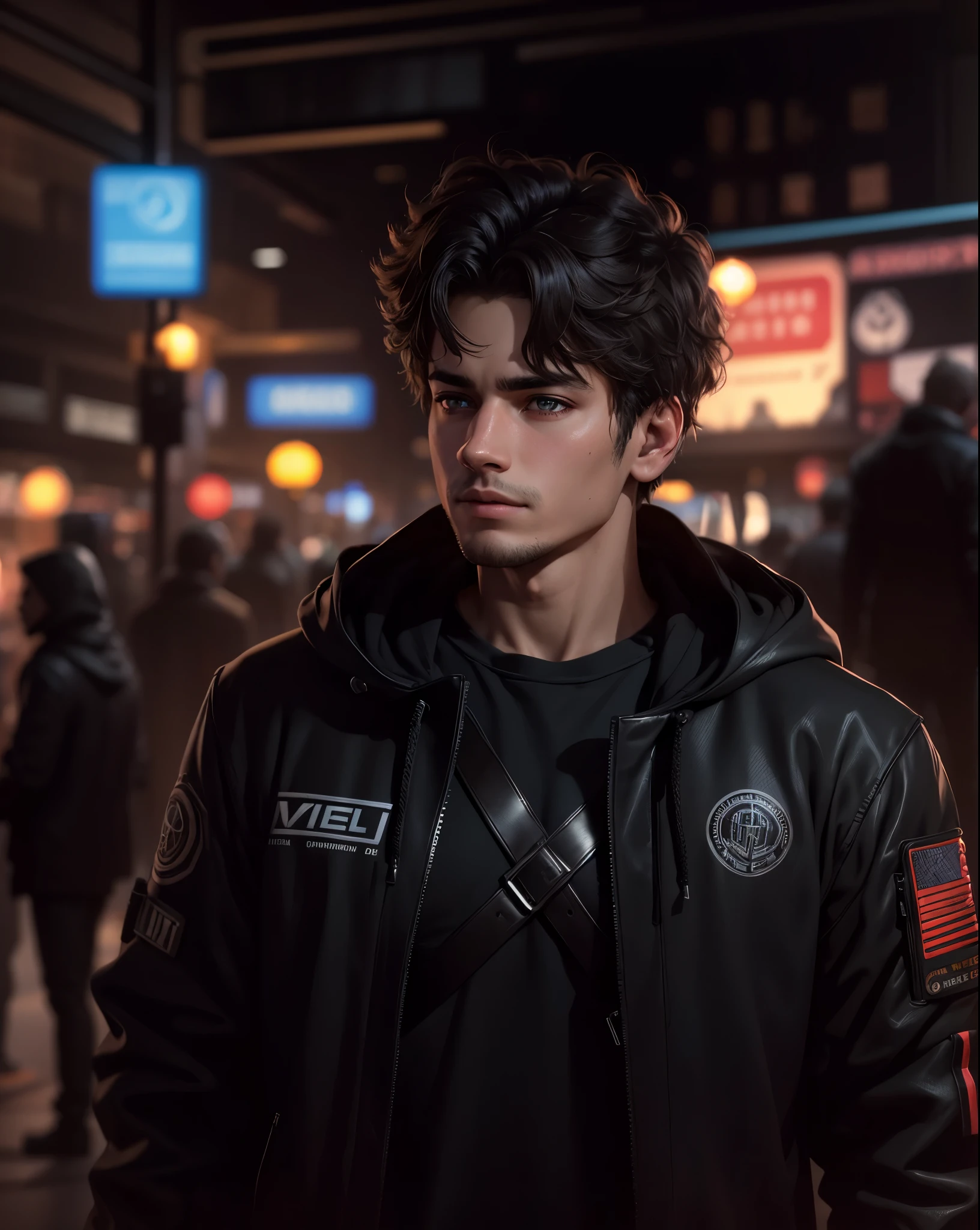 1guy, (20 year old guy), handsome light eyes, futuristic hoodie, realistic ,light background, cyberpunk