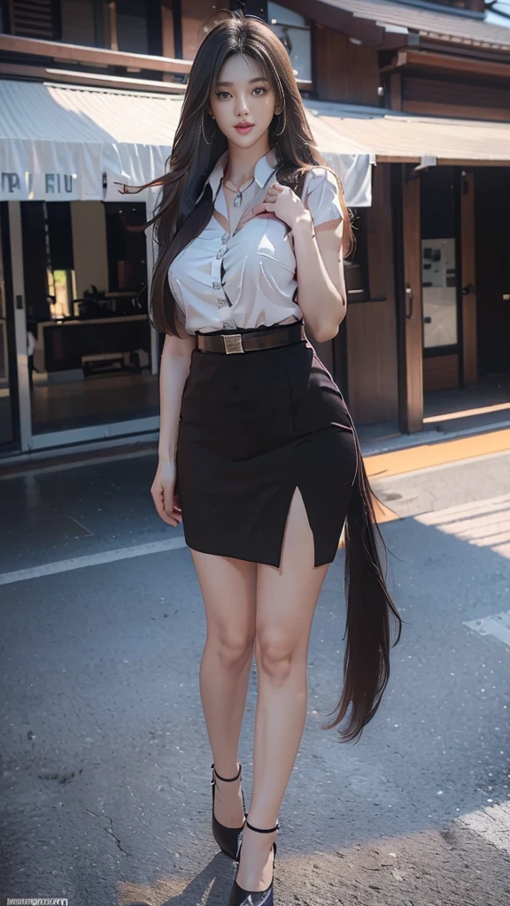 highest resolution, 8K, high definition, Realistic photos, (((My hair is very long.:1.3, Extra long:1.2, long straight hair:1.3))), Thai Students, Half Thai, half Japanese, half Korean., Height 173 centimeters, (((stand, walk))), Beautiful face, แต่งBeautiful face, Double eyelids, red lips, smile at the corner of the mouth, beautiful eyes, Beautiful Woman, The texture is realistic., ((Slim white short-sleeved shirt:1.3, collar shirt, Matte black short pencil skirt, Very short, Side incision, กระโปรงสีดำด้านพร้อมbeltผู้หญิง, tight)), ((Huge breasts:1.3, Breast augmentation, เต้าBig tits, Big tits, Plump milk, Fluffy milk, Huge breasts:1.3)), ((Symmetrical shape, sexy figure, Thin, slim, small waist, Long legs, Beautiful thighs)), ((Pitch black high heels, earring, Put on a watch, belt)), (((full body, Look at every part of the body.))), university backdrop, building, building, lawn, outdoor sports field