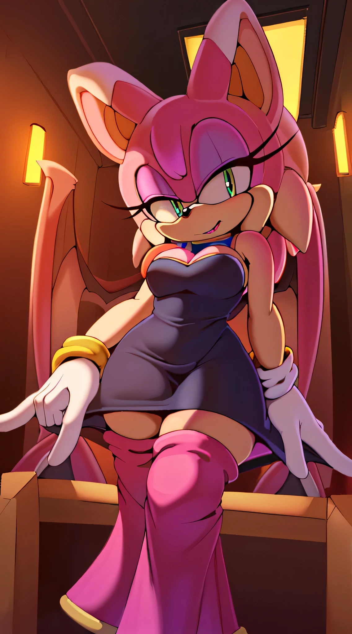 (a stunning) (masterpiece:1.2), (8k, high-resolution), (sonic:1.1), ((vanilla the rabbit fusion with amy rose and rouge the bat:1.2)), (seductive), (revealing) sexy dress, (boldly colored) eyeshadow, (long, fluttering) eyelashes, (intense) menacing look, (alluringly) sultry, (mysterious) dark room, (provocative) lighting, vibrant colors