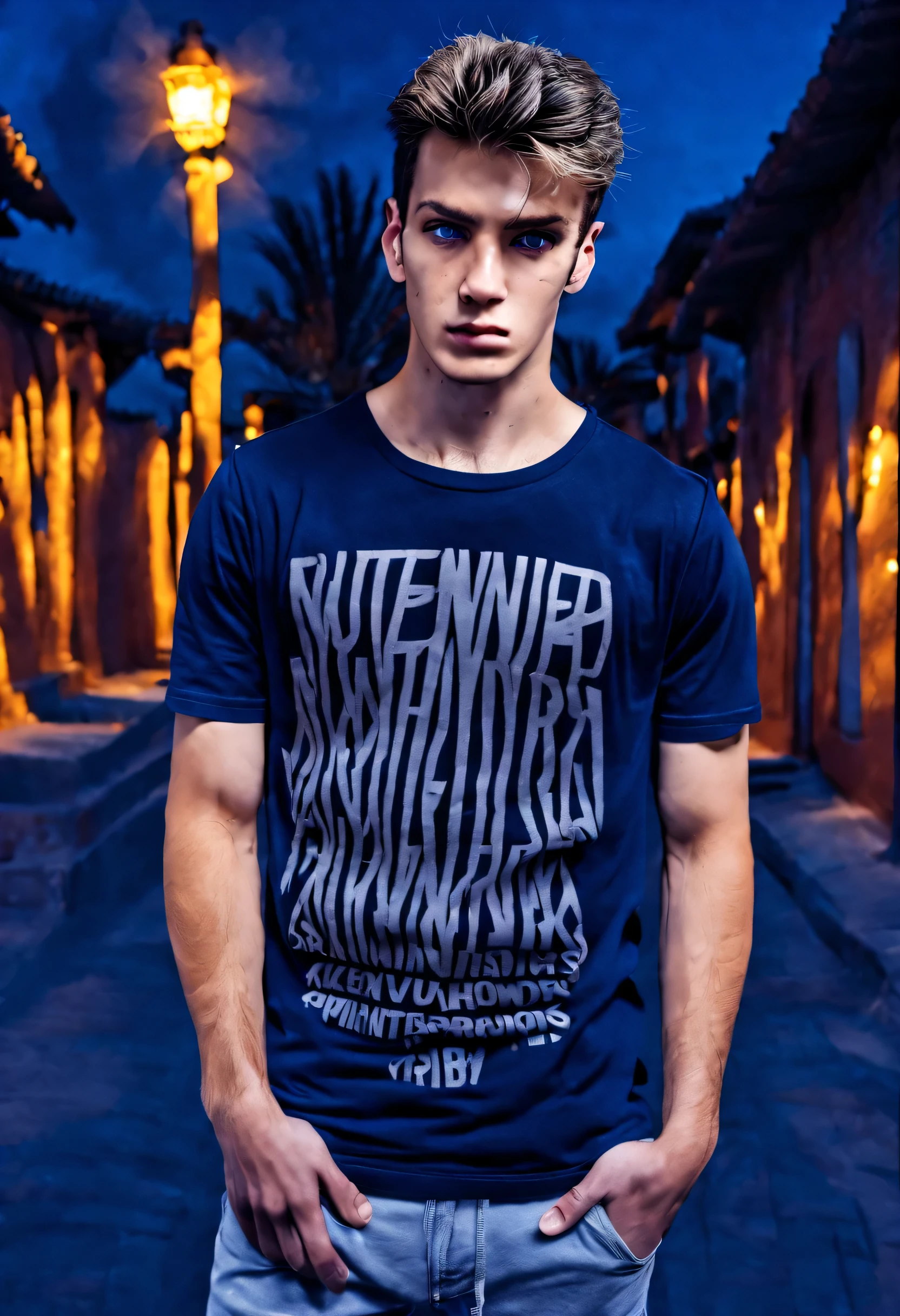 (highly detailed, highest quality, 4k, UHD, HDR), at night, (Highly Detailed Photo model young man Anthony 21 Years of Age with black t-shirt), (posed standing), (trend fashion), (detailed face, detailed dark blue eyes, detailed skin, detailed body with perfect arms, perfect hands, perfect fingers, 5 digits on each hand, five fingers on each hand), (Studio lighting), (Detailed urban neighborhood background)