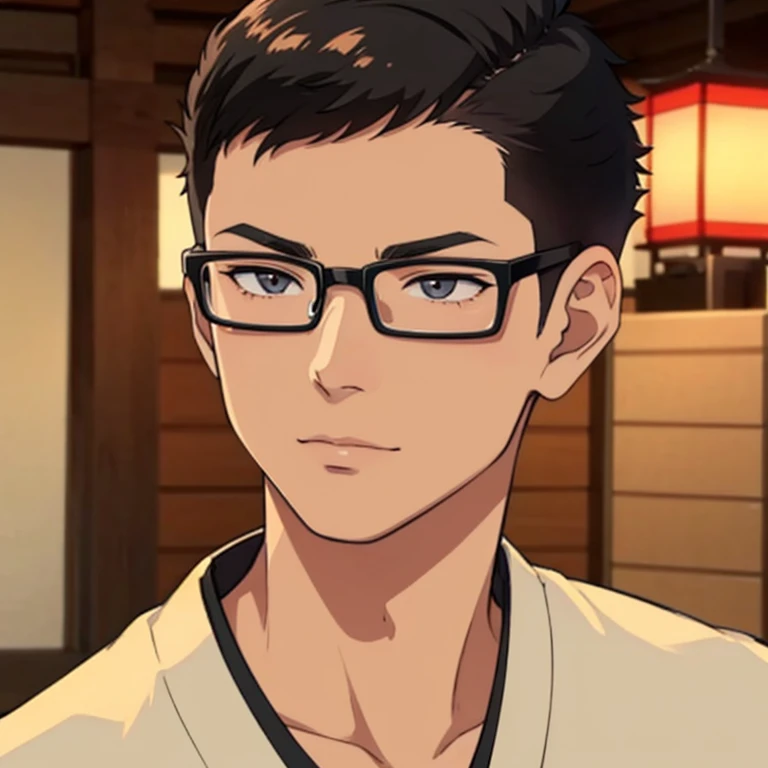 man,shaved sides hair,let down bangs hair,japanease, 35 years old ,Software Engineer,black rim glasses,long face,front