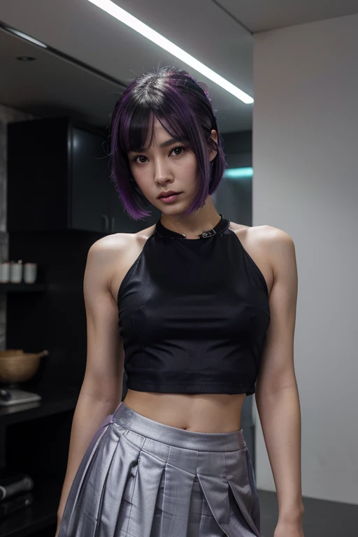 Full body, standing, (RAW photo, highest quality), (realistic, photorealistic) 25 year old Asian girl, Fei Liang beautilul and very detailed face, punk haircut, black hair with a purple streak, looking at the camera, wearing a short silver pleated skirt and opaque synthetic fabric, short sleeveless blouse color dark blue (shows navel), cyberpunk style apartment in background