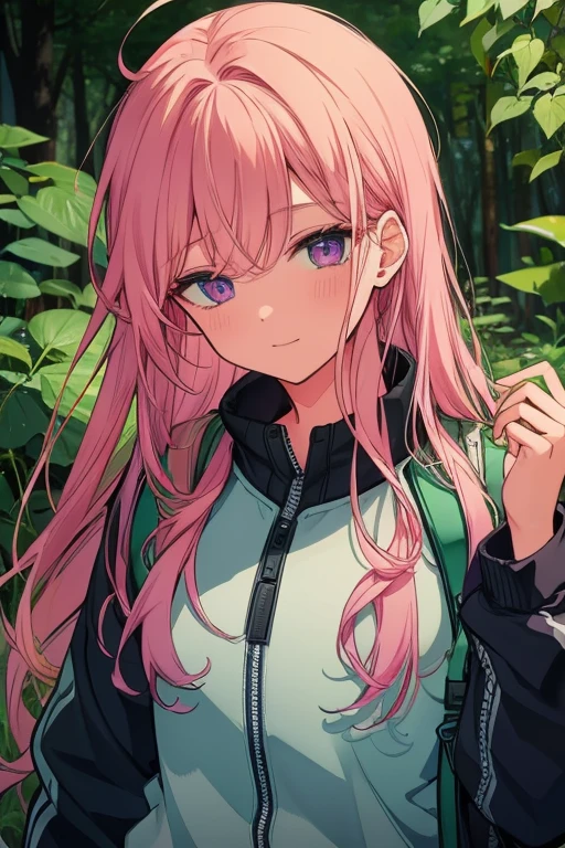A handsome pink haired man with violet eyes with long hair is hiking in the forest in good hiking gear