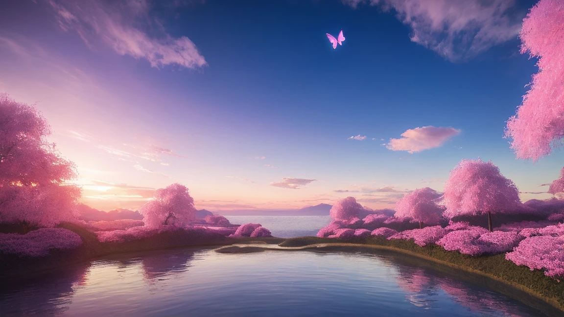 masterpiece, 最high quality, high quality, very detailed CG Unity 8k 壁紙, surreal Lemuria continent, A sparkling landscape of water and rainbows,A lot of butterflies々Fluttering,herd of deer,In a futuristic prehistoric village, 綺麗な花のbloom,Lush,Pink sky,splash of water, Lens flare, sunshaft, Fluffy clouds, very detailed, HDR, bloom, realistic, very detailed