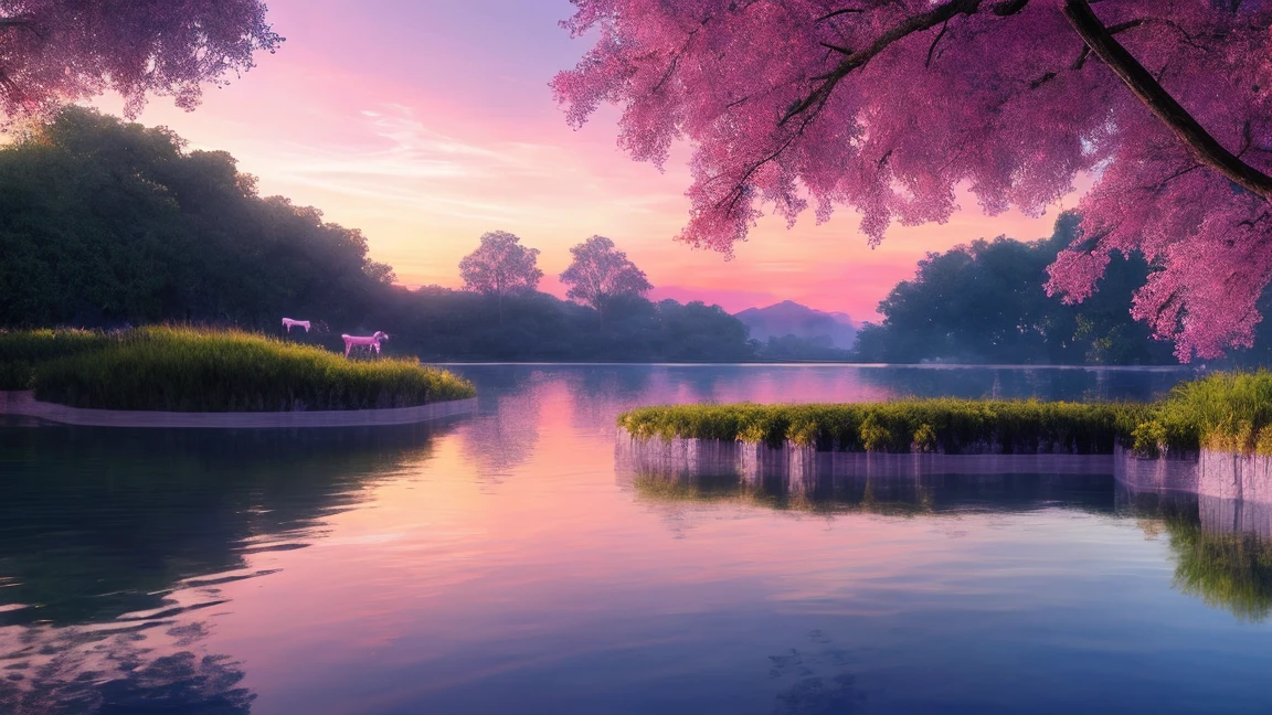 masterpiece, 最high quality, high quality, very detailed CG Unity 8k 壁紙, surreal Lemuria continent, A sparkling landscape of water and rainbows,A lot of butterflies々Fluttering,herd of deer,In a futuristic prehistoric village, 綺麗な花のbloom,Lush,Pink sky,splash of water,  Lens flare, sunshaft, Fluffy clouds, very detailed, HDR, bloom, realistic, very detailed