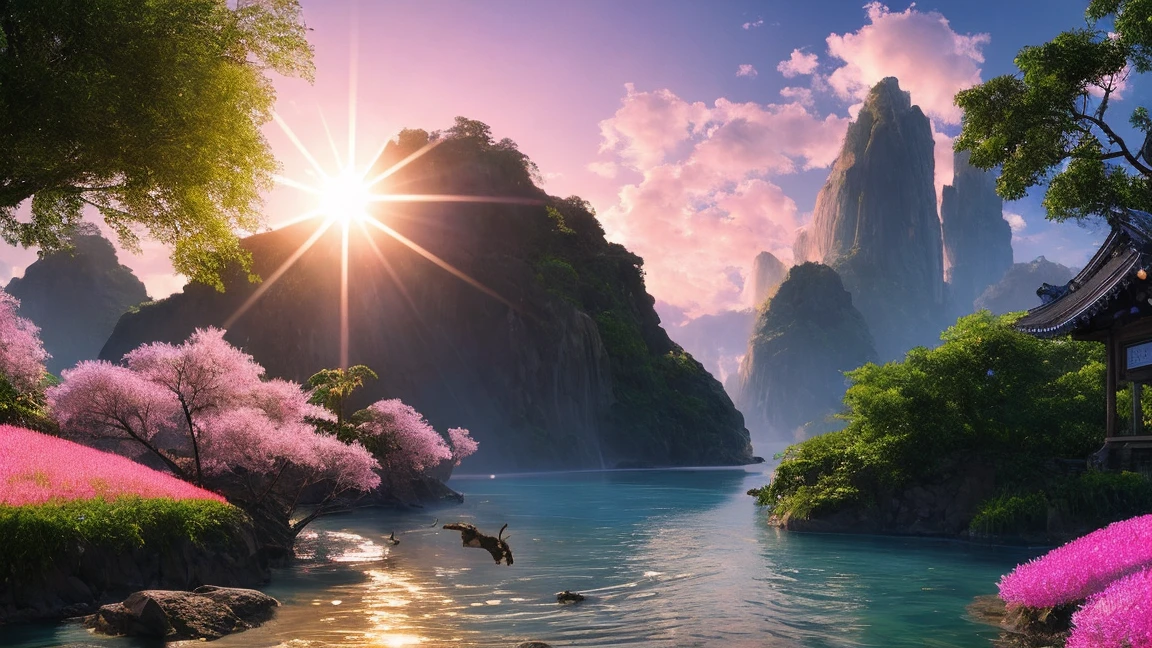 masterpiece, 最high quality, high quality, very detailed CG Unity 8k 壁紙, surreal Lemuria continent, A sparkling landscape of water and rainbows,A lot of butterflies々Fluttering,herd of deer,In a futuristic prehistoric village, 綺麗な花のbloom,Lush,Pink sky,splash of water, Lens flare, sunshaft, Fluffy clouds, very detailed, HDR, bloom, realistic, very detailed