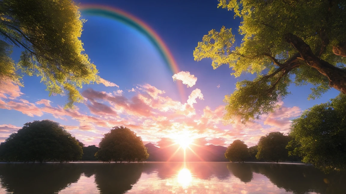 masterpiece, 最high quality, high quality, very detailed CG Unity 8k 壁紙, surreal Lemuria continent, A sparkling landscape of water and rainbows,A lot of butterflies々Fluttering,herd of deer,In a futuristic prehistoric village, 綺麗な花のbloom,Lush,Pink sky,splash of water, Lens flare, sunshaft, Fluffy clouds, very detailed, HDR, bloom, realistic, very detailed