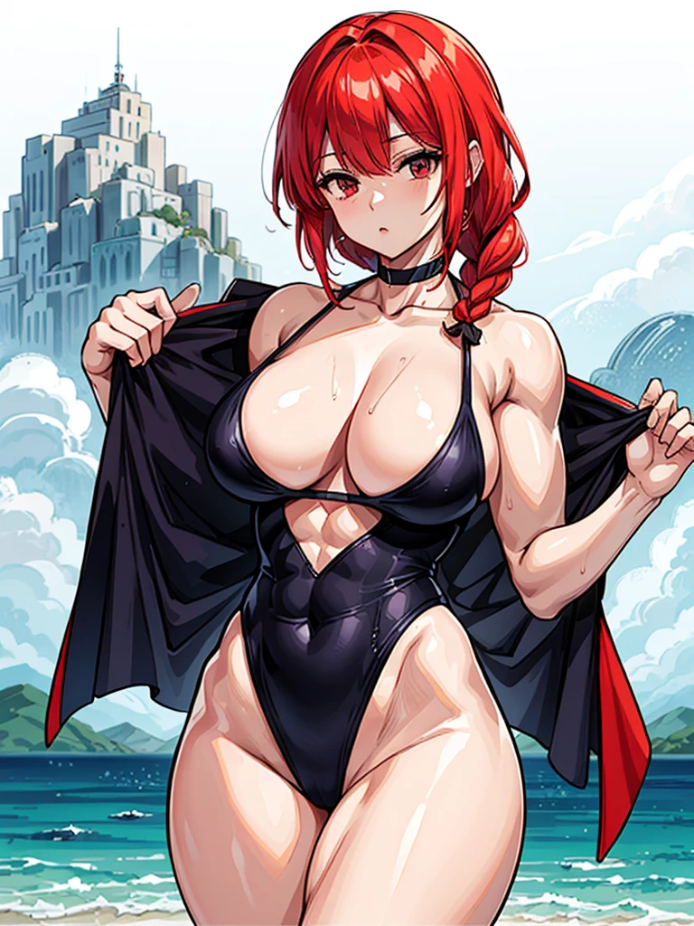 (((masterpiece、Highest image quality、highest quality、highly detailed unity 8kwallpaper)))、((Illustration of one girl))、(((beautiful girl)))、((red hair、Braid、sidelocks:1.2、red eyes))、(((stocky build:1.2, thickset physique:1.3, muscular legs, broad shoulders:1.3, solid chest:1.2)))、swimsuit、sandy beach