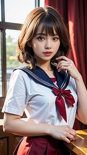 (on the table, best quality:1.2), 8Kde, official art, original photo, incredibly ridiculous, (The entire upper body, Sailor suit, Sefuku:1.4), beautiful girl, pretty face, Arched back, Navy pleated skirt, Close-up of chest, Uniforms, short sleeves, viola, ager, street type, looking at the audience, No makeup, film grain, Color difference, breast mechanical pencil, Menko, dynamic lighting, Cinema lighting, Eye and facial details, bokeh background, (1 crimson bow tie: 1.3), Fair and translucent skin, Bright classroom、short hair