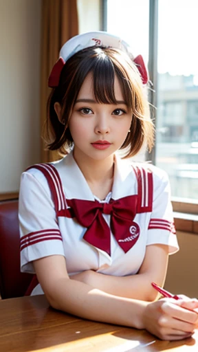 (on the table, best quality:1.2), 8Kde, official art, original photo, incredibly ridiculous, (The entire upper body, Sailor suit, Sefuku:1.4), beautiful girl, pretty face, Arched back, Navy pleated skirt, Close-up of chest, Uniforms, short sleeves, viola, teenager, street type, looking at the audience, No makeup, film grain, Color difference, breast mechanical pencil, Menko, dynamic lighting, Cinema lighting, Eye and facial details, bokeh background, (1 crimson bow tie: 1.3), Fair and translucent skin, Bright classroom、short hair
