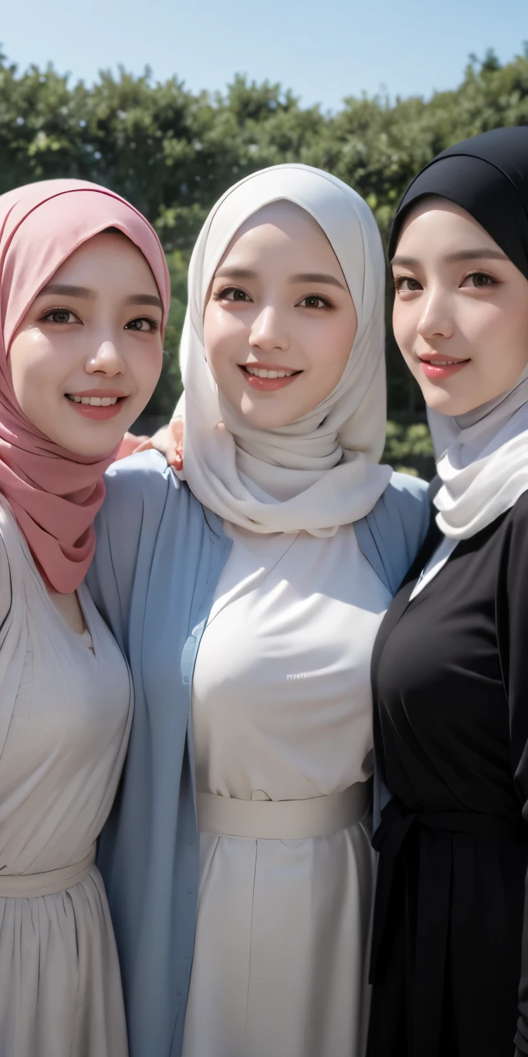 masutepiece, Best Quality, Illustration, Highly detailed, fine detail, high resolution, 8K Wallpaper, Perfect dynamic composition, Many people in hijab, many people's hijab, (three girls in hijab taking front camera photo), many people, Detail of beautiful eyes, Natural Lips , Smiling lips,(Lips laughed lightly), Hand details, (perfect fingers, no defects), Wearing a Muslim hijab, Muslim gamis clothes, luxurious jubba thobbe, full body photo, view of the blue sky, sunlight, close-up photo, (three girls wearing hijabs taking photos holding the front camera), lots of people wearing hijabs, girls taking photos, showing your big breasts, people wearing hijabs, all the girls holding front cameras