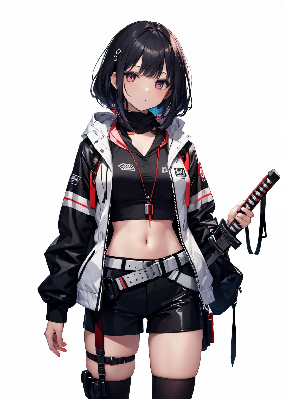 a girl，black hair，Like to wear a hood，open jacket clothing，navel-baring outfit，Gray underwear，A knife is tied to the leg，Brown fanny pack，black mask，Cyberpunk lighting，cyberpunk style，cyberpunk background，Holding a tachi in his hand，A scabbard hangs from his waist，Punk-style clothing，high quality