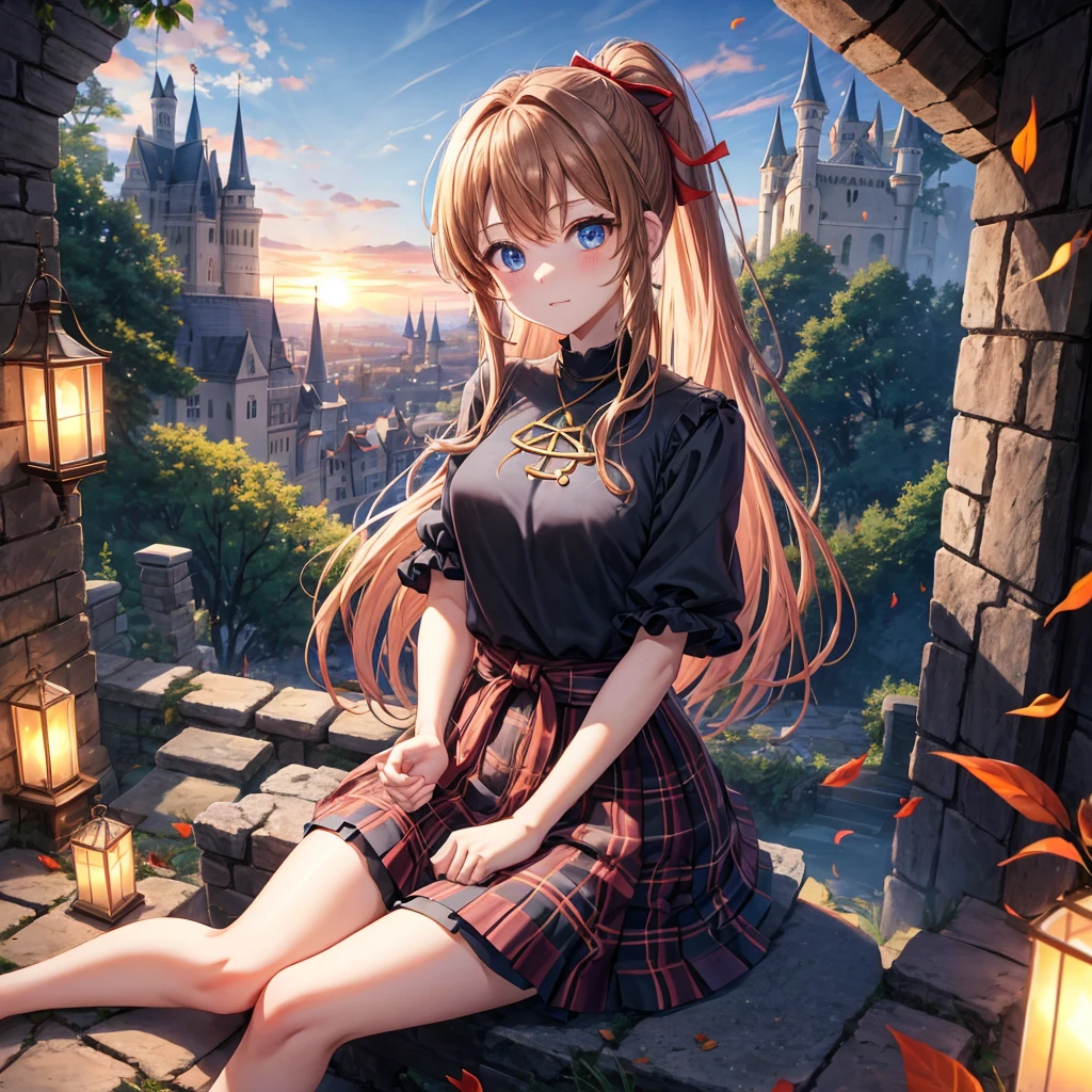 reddish-brown blonde、blue hair、blue eyes、ponytail、one good looking girl、solo、anime、Plaid miniskirt、camisole、sitting、black t-shirt、Tilting your face、Doing the ribbon、Ribbon at waist、sunset sky、broken stone steps、Remains、tunnel、Fallen leaves、Light and shadow、monster castle、One leg is raised、castle floating in the air、column、Jewelry box、flag、sparks fall、forest、Hand mirror、bondage、tall grass grows、cloak、circular cobblestone、the ground is cracked、aquarium、Vortex of Light、looking down、Fairies are flying