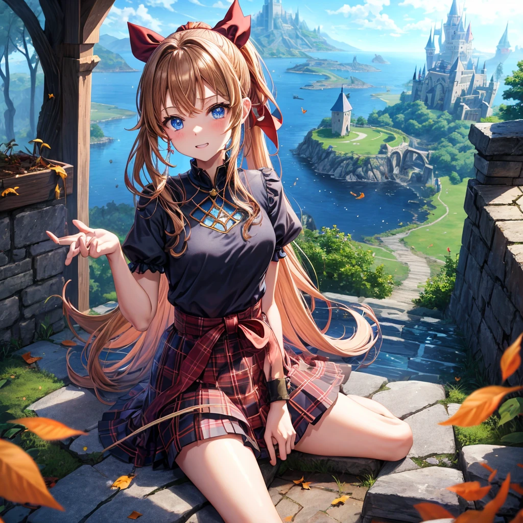 reddish-brown blonde、blue hair、blue eyes、ponytail、one good looking girl、solo、anime、Plaid miniskirt、camisole、sitting、black t-shirt、Tilting your face、Doing the ribbon、Ribbon at waist、sunset sky、broken stone steps、Remains、tunnel、Fallen leaves、Light and shadow、monster castle、One leg is raised、castle floating in the air、column、Jewelry box、flag、sparks fall、forest、Hand mirror、bondage、tall grass grows、cloak、circular cobblestone、the ground is cracked、aquarium、Vortex of Light、looking down、Fairies are flying
